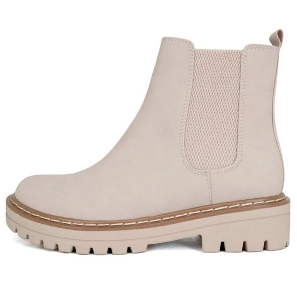 New Womens Sand Beige Round Toe Chelsea Combat Ankle Boots Booties - Picture 1 of 6